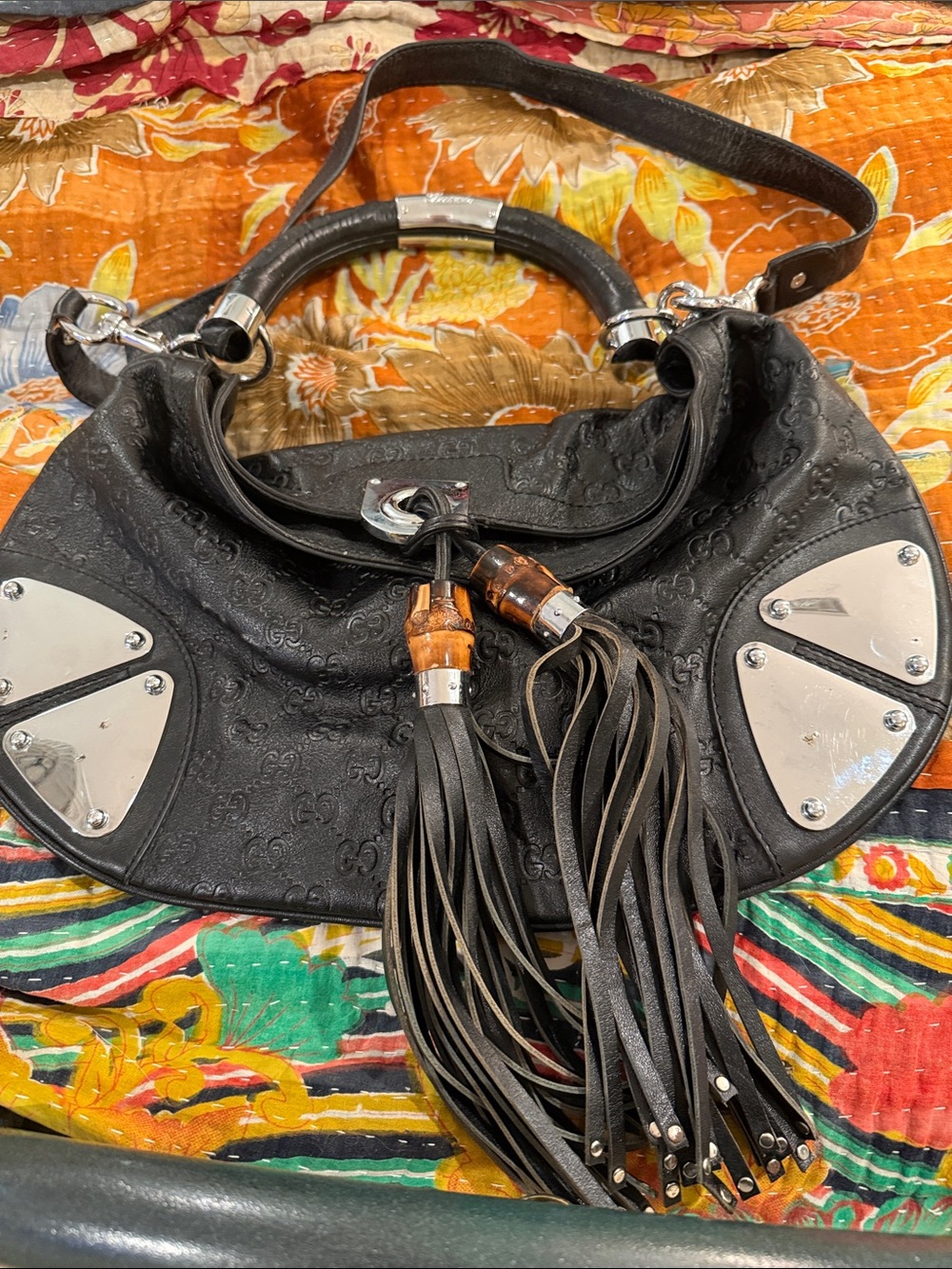 Collectible fabulous Gucci Black Leather Tassel Hobo with Silver Accent high end